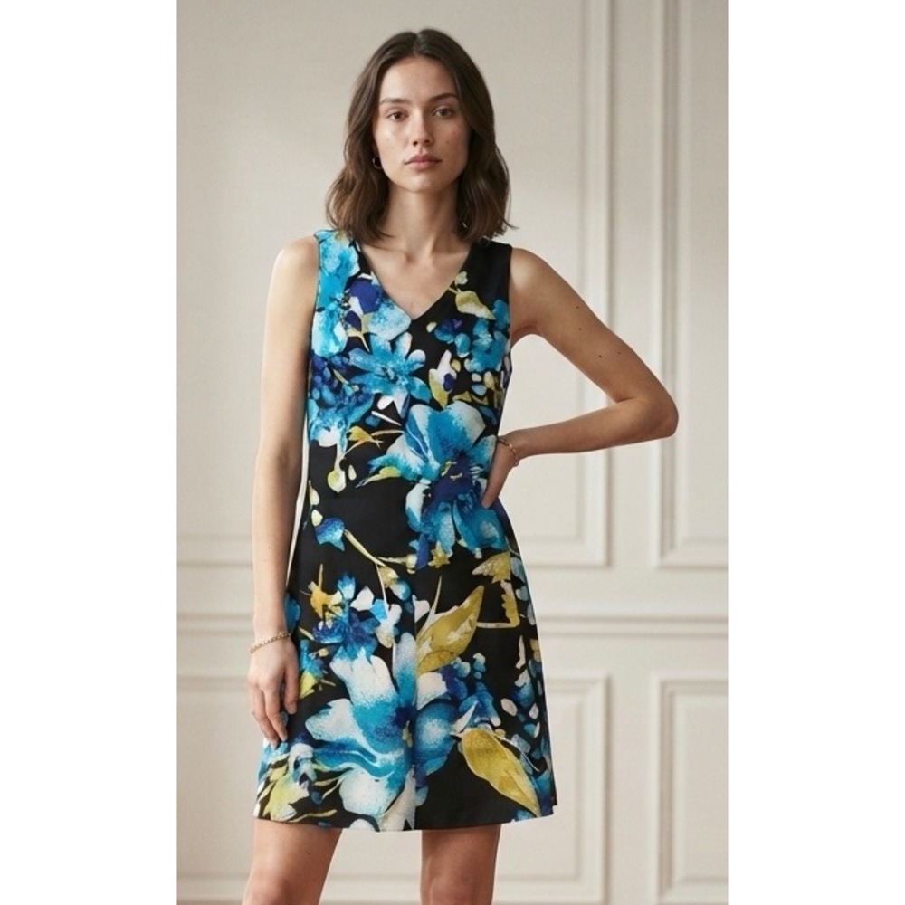Anne Klein XS Floral Shift Dress Womens Black Blue Yellow